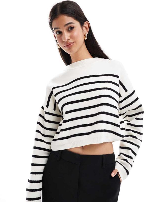 Bershka button detail sweater in ecru & black stripe Product Image