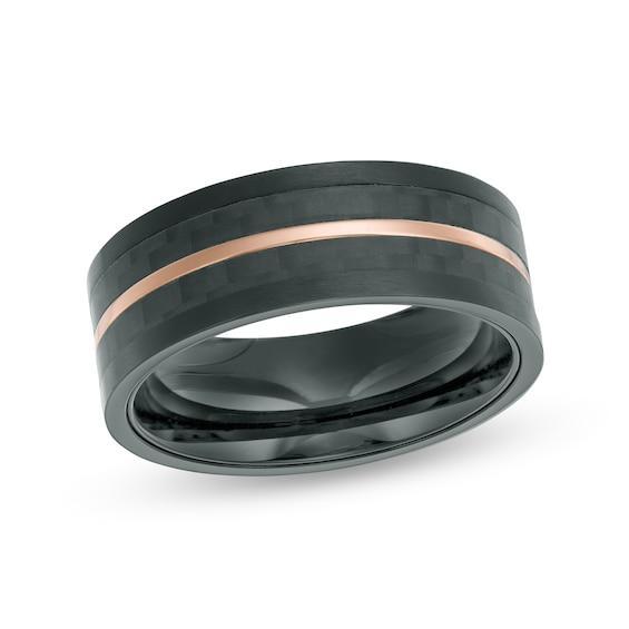 Men's 8.0mm Checker Pattern Grooved Wedding Band in Black and Rose IP Stainless Steel Product Image