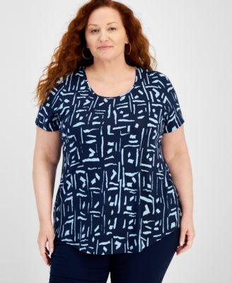 JM Collection Plus Size Geo Etch Short-Sleeve Top, Created for Macy's Product Image