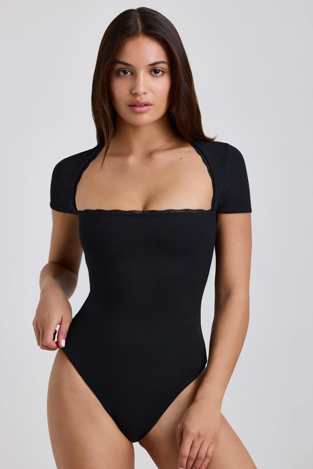 Ribbed Modal Lace-Trim Bodysuit in Black Product Image