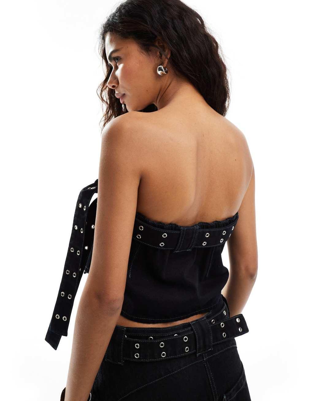 COLLUSION festival denim belted bandeau crop top in black Product Image