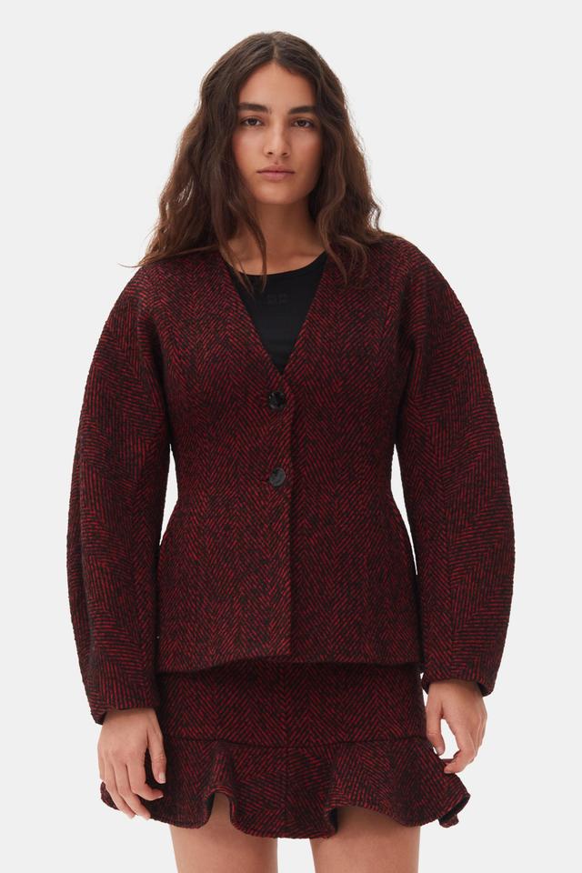 Red Herringbone Wool Curve Sleeve Blazer Product Image