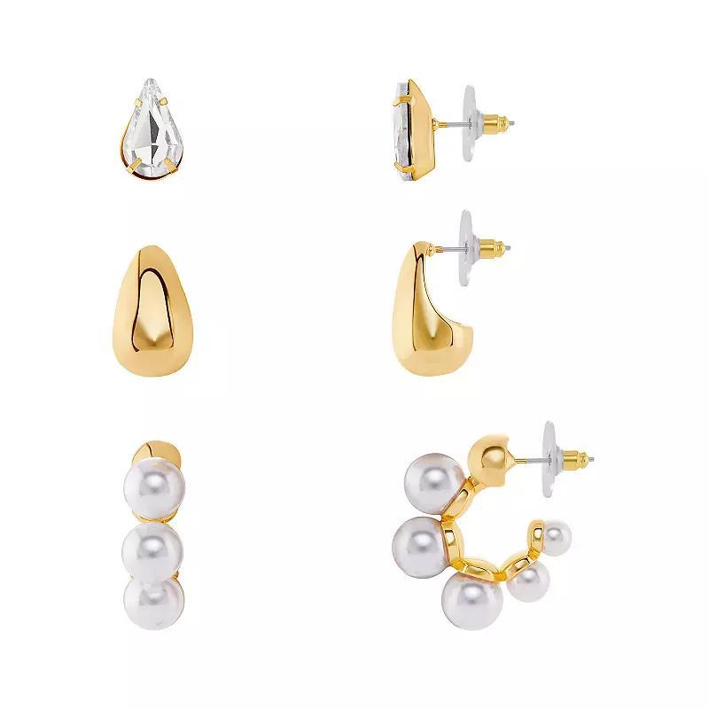 Emberly Gold Tone Crystal & Simulated Pearl Pear Shaped Stud Earrings, Teardrop C-Hoop Earrings, & Graduated Simulated Pearls C-Hoop Earrings Trio Set, Womens, Yellow Gold Tone Product Image