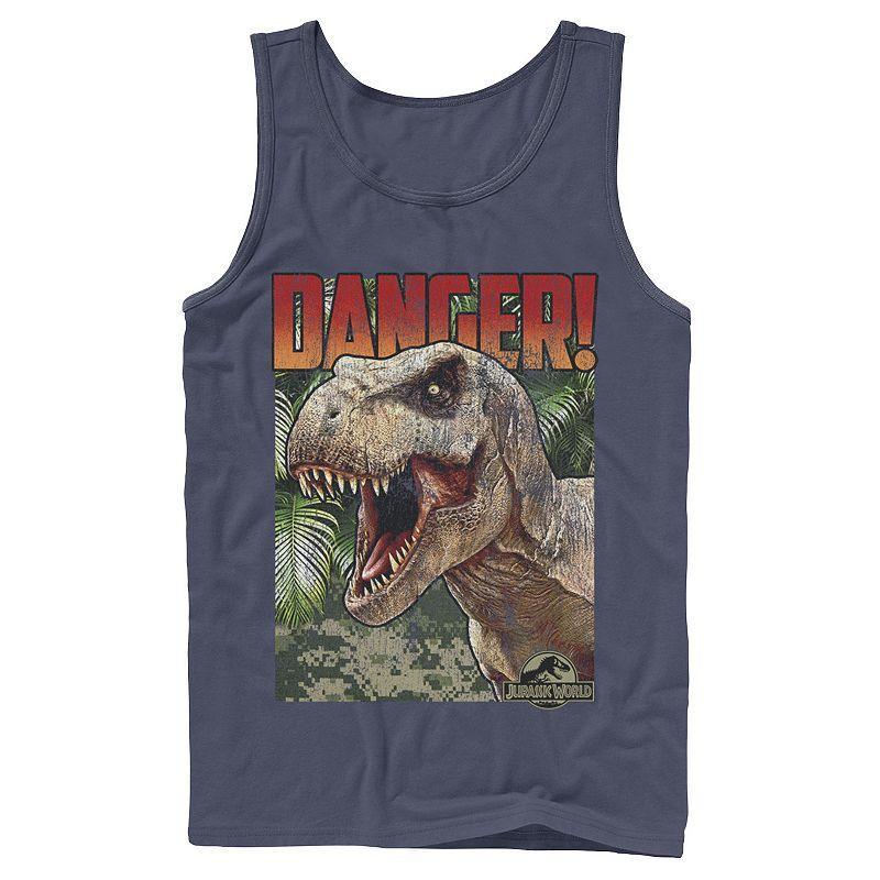 Mens Jurassic World Danger T-Rex Retro Poster Graphic Tank Top Grey Product Image