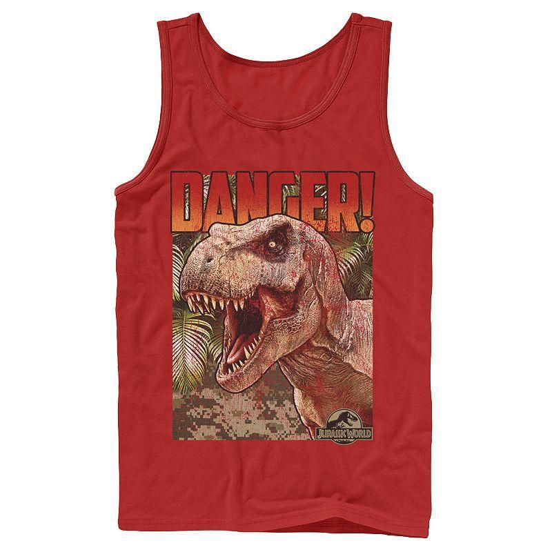 Mens Jurassic World Danger T-Rex Retro Poster Graphic Tank Top Grey Product Image