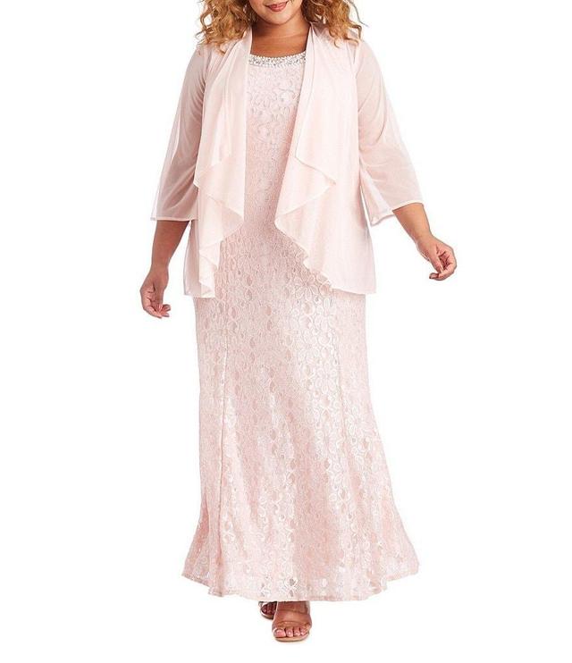 R & M Richards Plus Size Glitter Lace Beaded Round Neck 3/4 Sleeve 2-Piece Jacket Gown Product Image