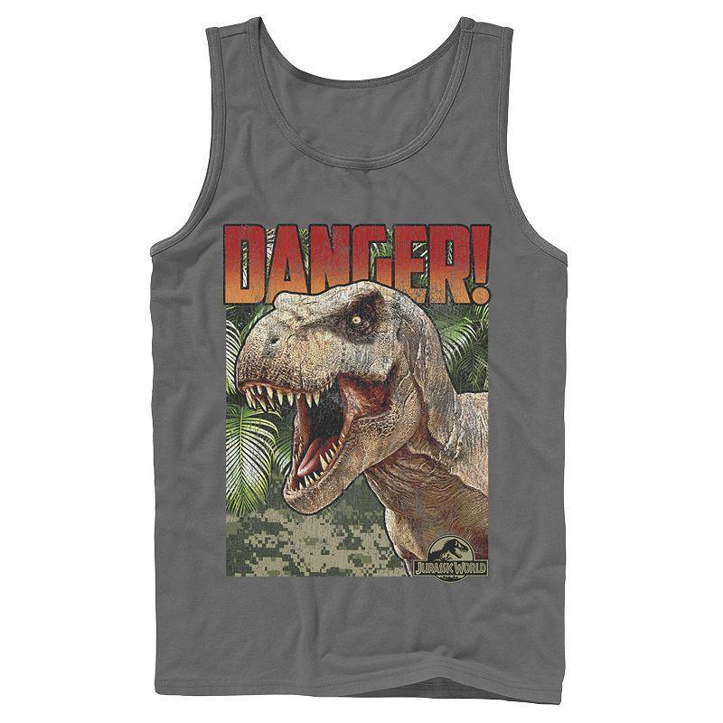 Mens Jurassic World Danger T-Rex Retro Poster Graphic Tank Top Grey Product Image