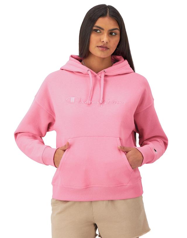 Womens Champion Powerblend Hoodie, Relaxed, Full Embroidered Script Logo Marzipan Pink L Product Image