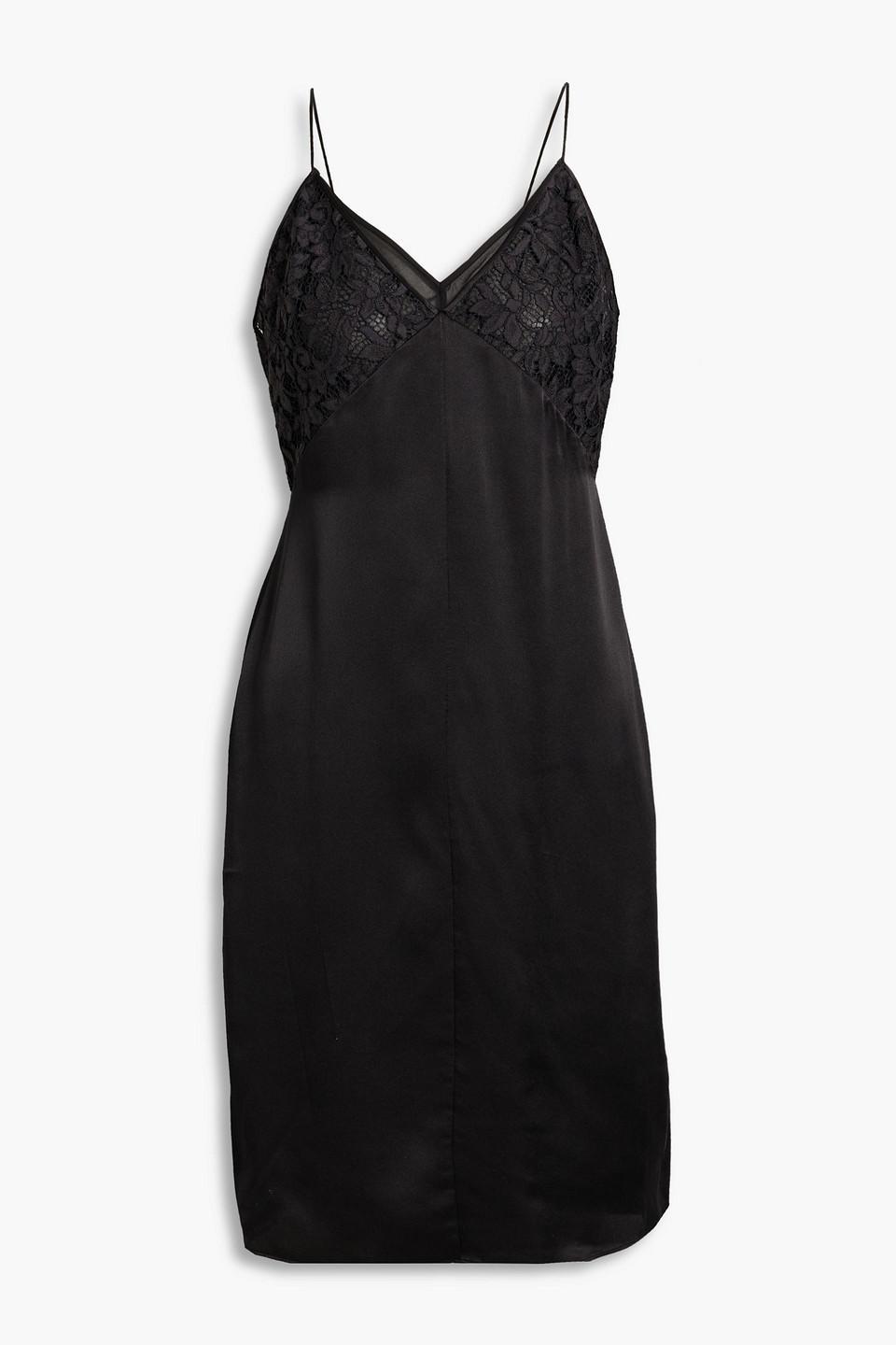 Corded Lace-paneled Silk-satin Dress In Black Product Image