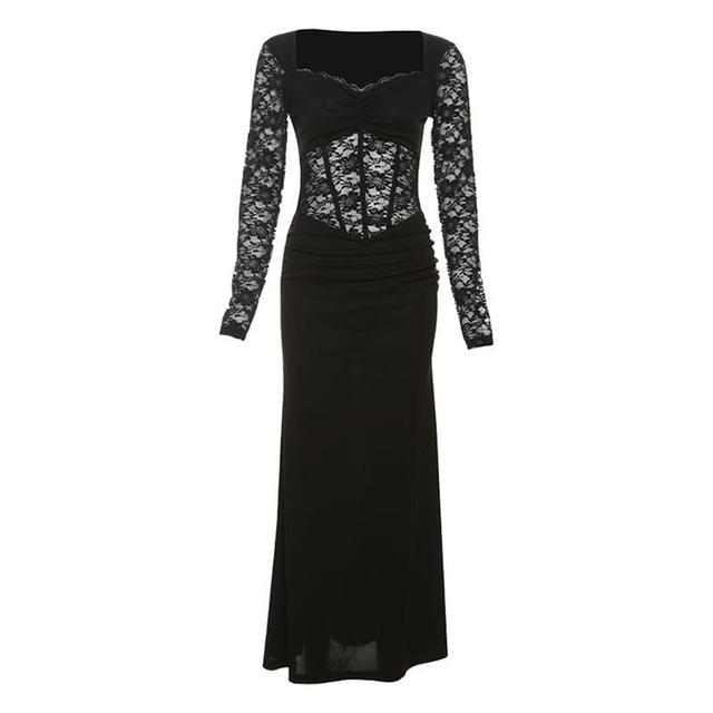 Long-Sleeve Square Neck Plain Lace Panel Maxi Mermaid Dress Product Image