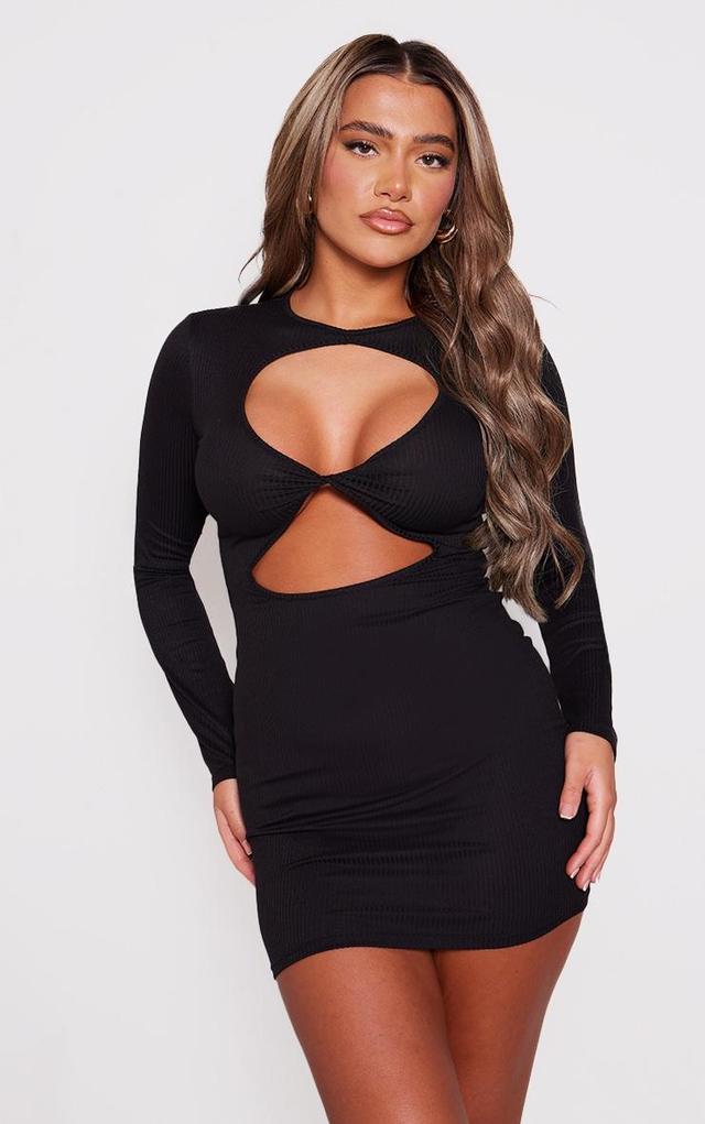 Black Rib Long Sleeve Twist Front Cut Out Mini Dress Product Image