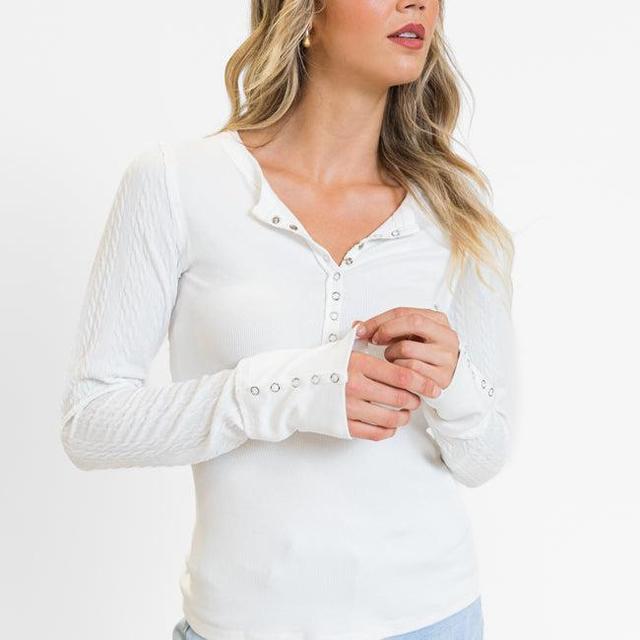 All The Better Ivory Cable Knit Sleeve Knit Henley Top Product Image