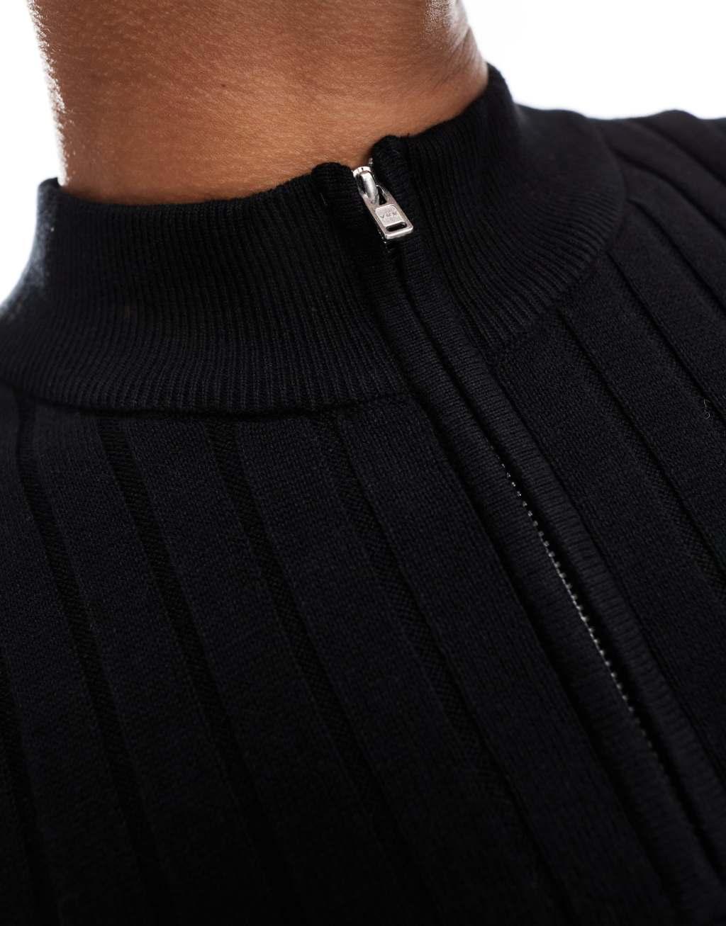 ASOS DESIGN essential muscle fit knitted rib 1/2 zip sweater in black Product Image