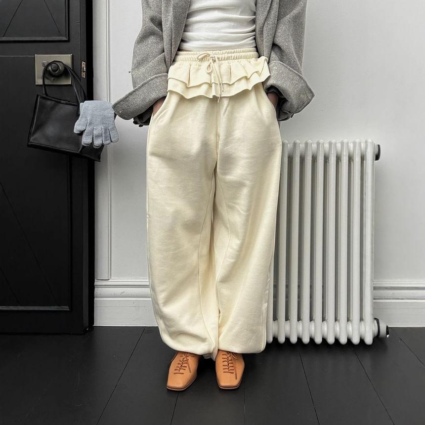 High Waist Ruffled Plain Fleeced Loose-Fit Wide-Leg Pants Product Image