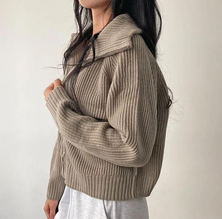 Collared Ribbed Zip-Up Plain Cardigan Product Image