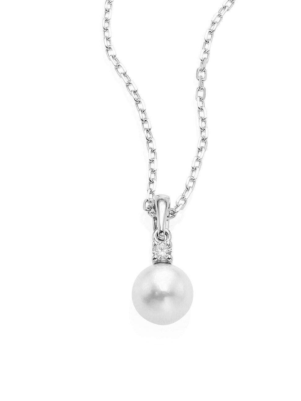 Womens Sterling Silver, 6MM White Cultured Akoya Pearl & Diamond Pendant Necklace Product Image