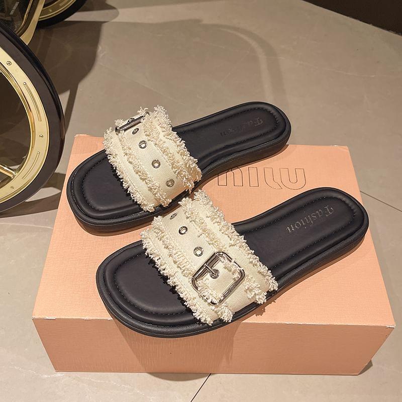 Buckled Fringed Trim Slide Sandals Product Image