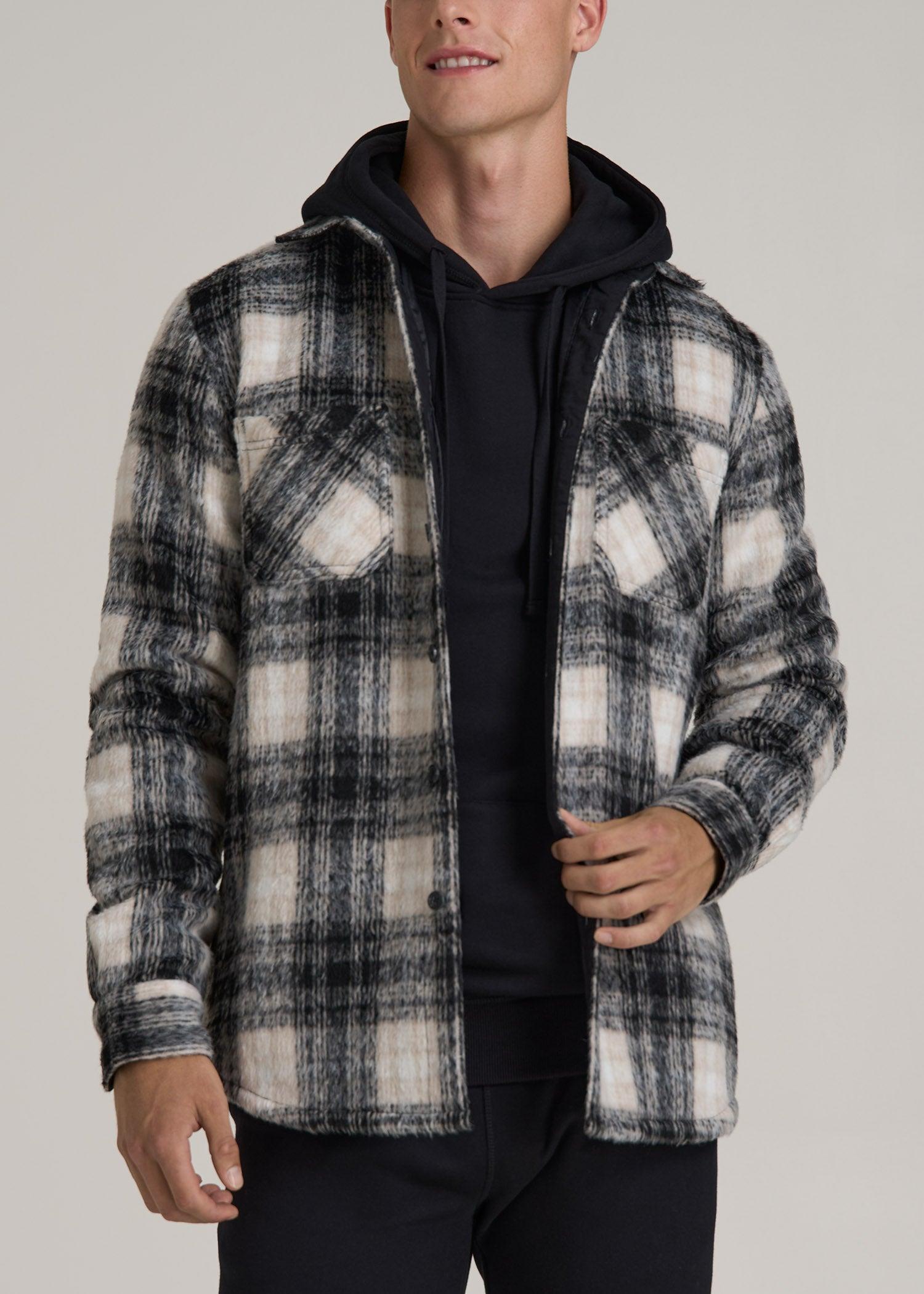 Heavyweight Brushed Flannel Overshirt for Tall Men in Ecru and Black Plaid Product Image