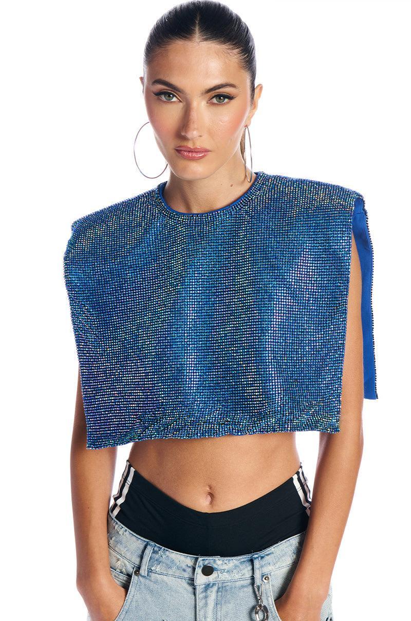 DISCO BABE SLEEVELESS RHINESTONE CROP TOP IN BLUE Product Image