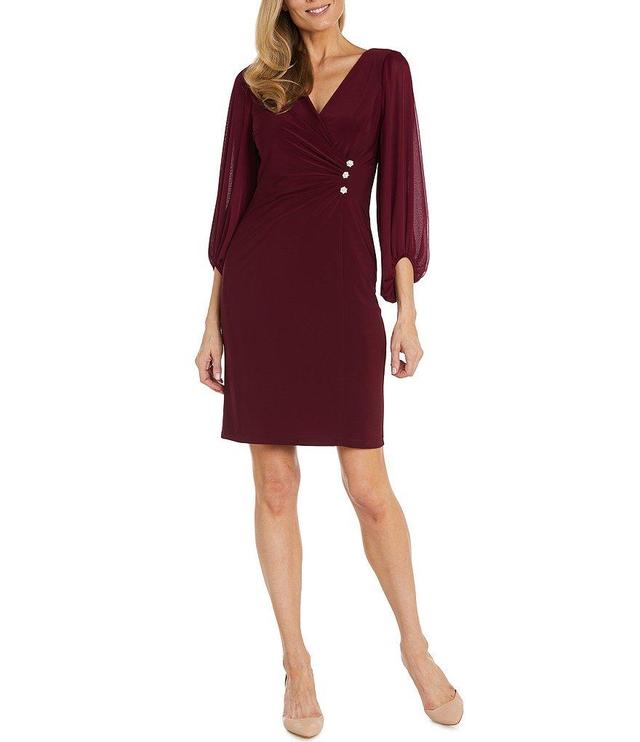 R & M Richards V-Neck 3/4 Balloon Sleeve with Rhinestone Buttons Sheath Dress Product Image