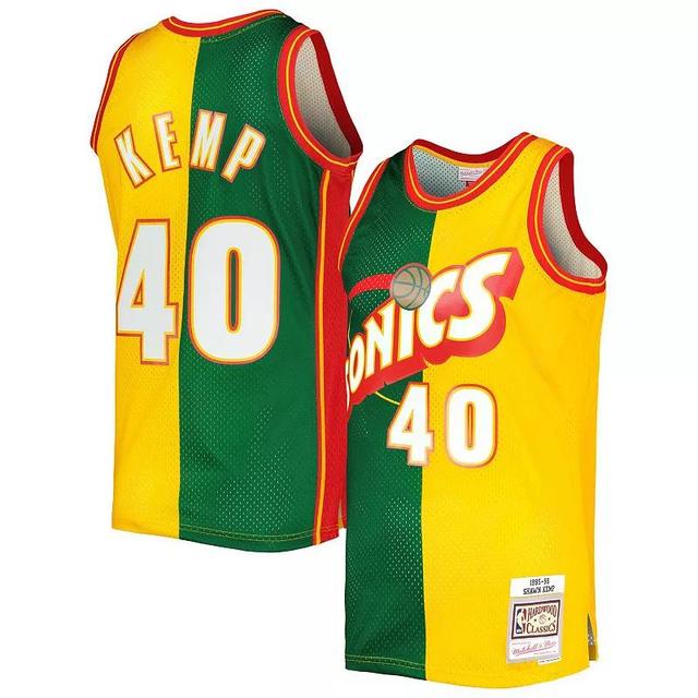 Mens Mitchell & Ness Shawn Kemp Green/Gold Seattle SuperSonics Hardwood Classics 1995-96 Split Swingman Jersey Product Image