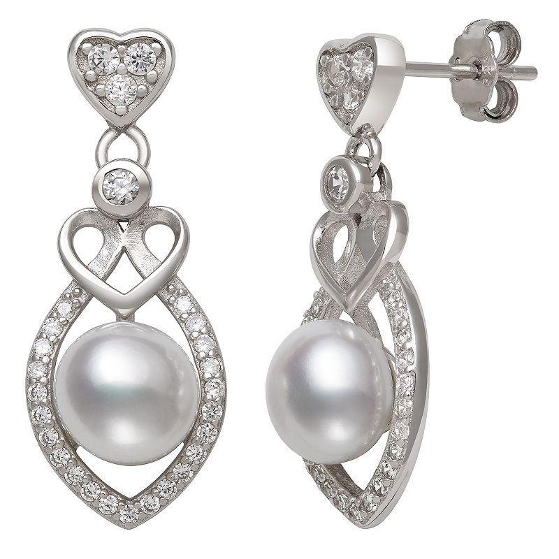 Sterling Silver Freshwater Cultured Pearl & Cubic Zirconia Heart Drop Earrings, Womens, White Product Image