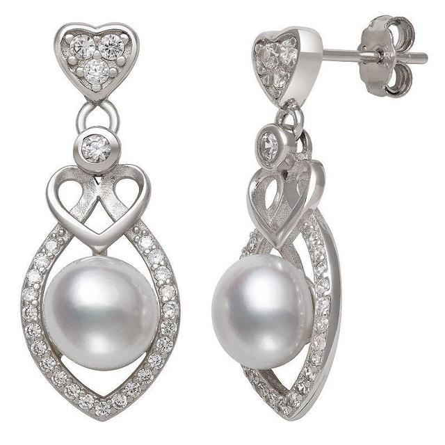 Sterling Silver Freshwater Cultured Pearl & Cubic Zirconia Heart Drop Earrings, Womens Product Image