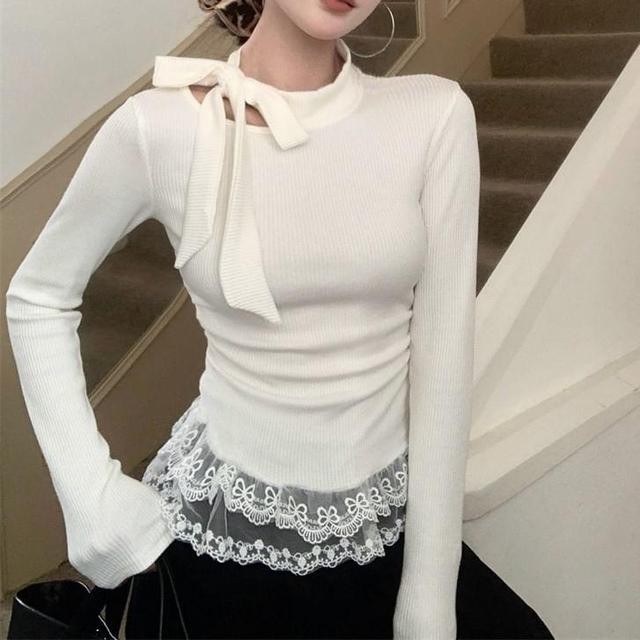 Long-Sleeve High Neck Lace Ruffle Bow Tee Product Image