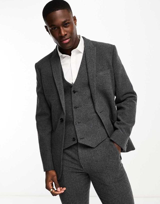 ASOS DESIGN slim wool mix suit jacket in herringbone in charcoal Product Image