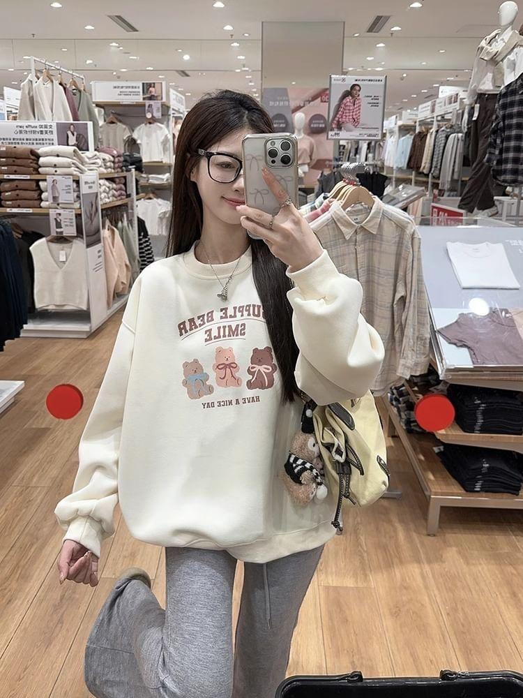 Long Sleeve Bear & Lettering Print Loose-Fit Pullover Product Image