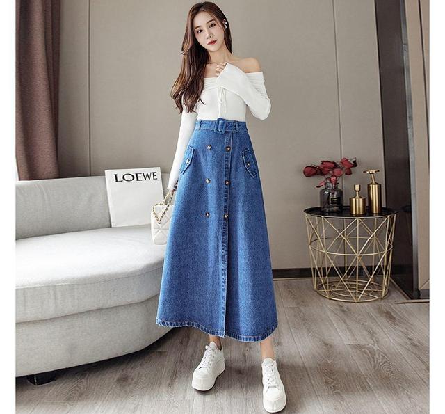 High Rise Plain Denim Midi A-Line Skirt Product Image