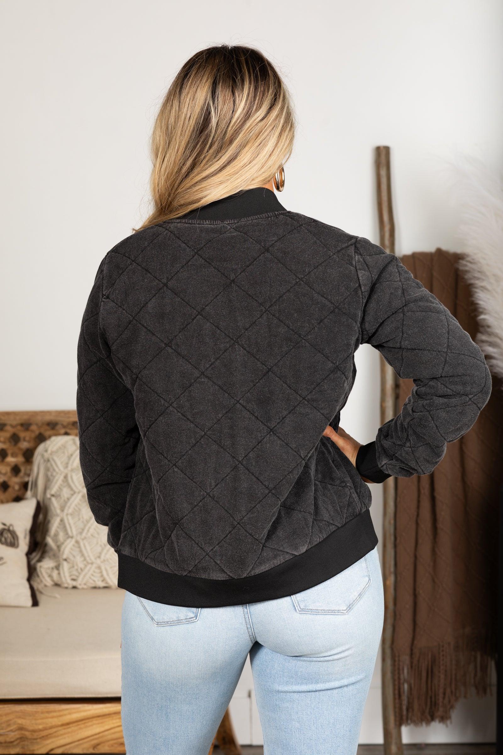 Black Quilted Mineral-Wash Bomber Jacket Product Image