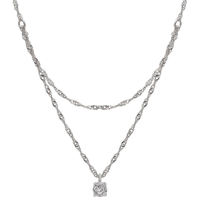 PRIMROSE Sterling Silver Singapore Double Chain & Round Cubic Zirconia Pendant Necklace, Womens Grey Product Image