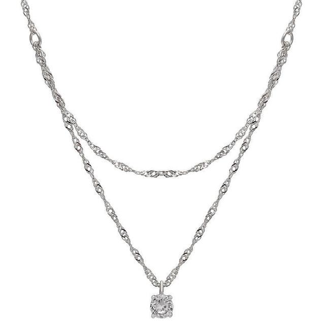 PRIMROSE Sterling Silver Singapore Double Chain & Round Cubic Zirconia Pendant Necklace, Womens Grey Product Image