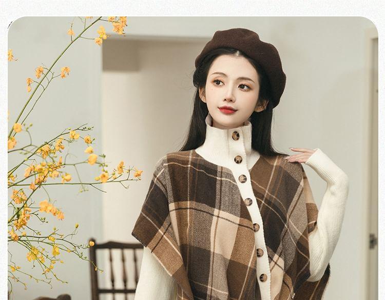 Set: Long-Sleeve Turtleneck Plaid Panel Top + High Rise Maxi A-Line Skirt Product Image