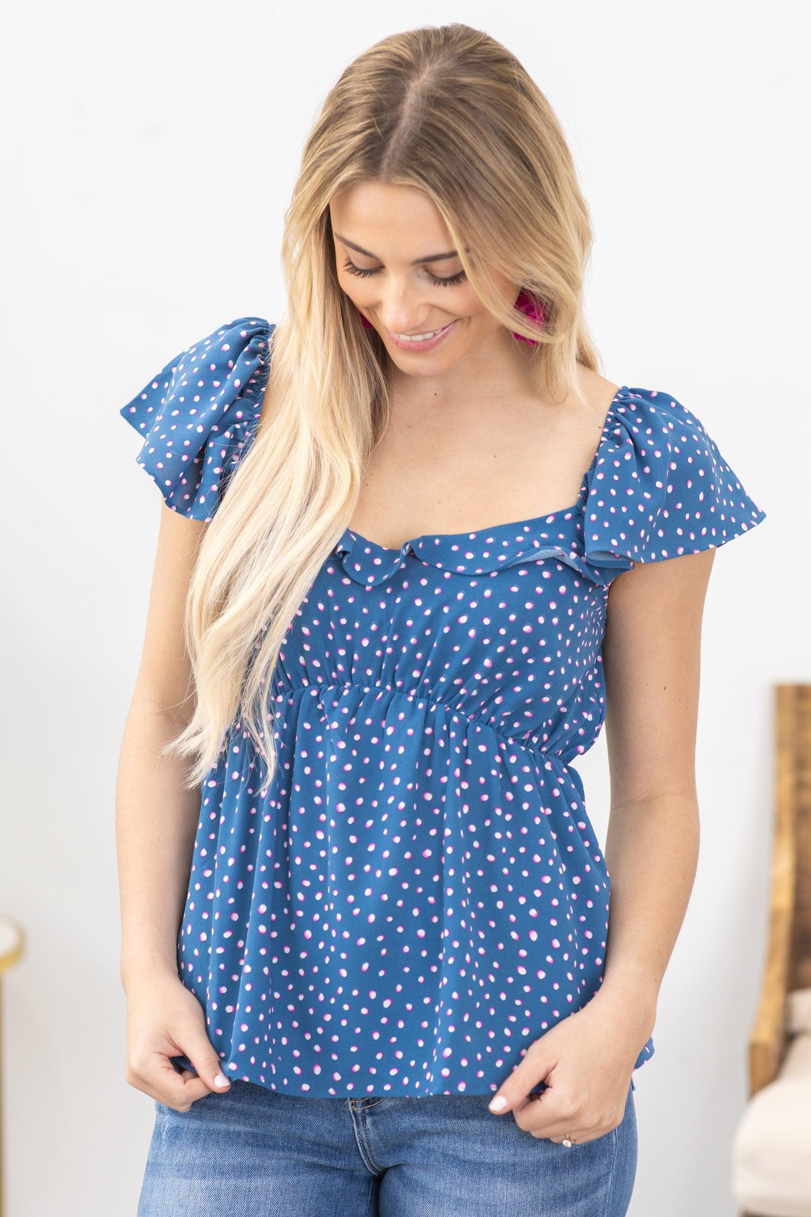 Dusty Blue Dot Print Short Sleeve Woven Top Product Image