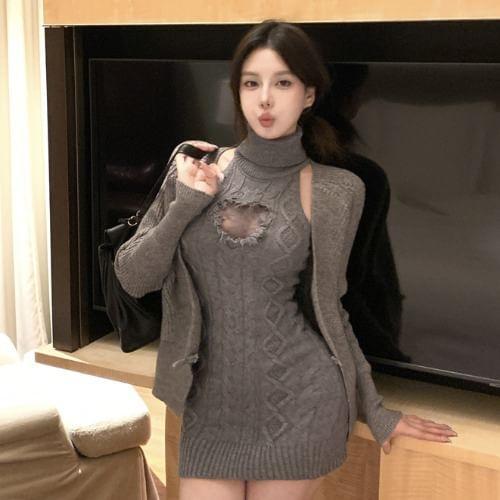 Sleeveless Turtleneck Plain Cable Knit Mini Sheath Dress / Plain Cardigan Product Image