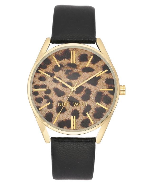 Nine West Womens Quartz Black Faux Leather Band and Leopard Pattern Watch, 36mm - Black Product Image