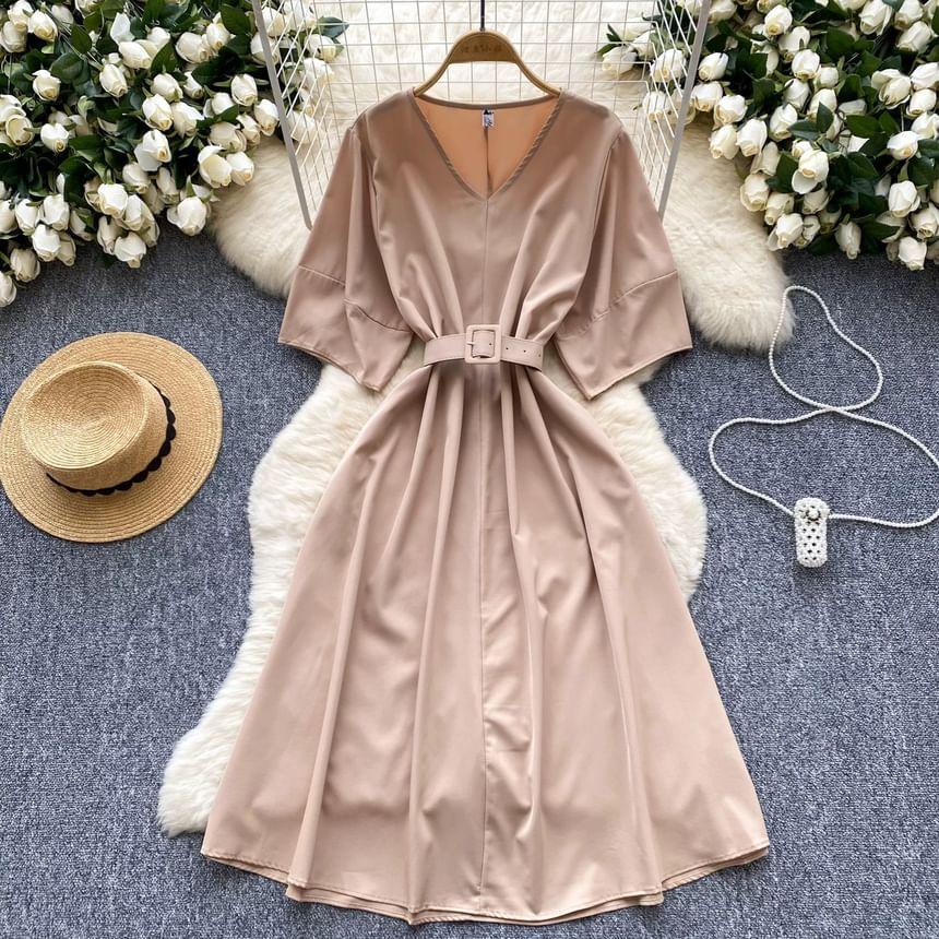 Short-Sleeve V-Neck Plain Midi A-Line Dress Product Image