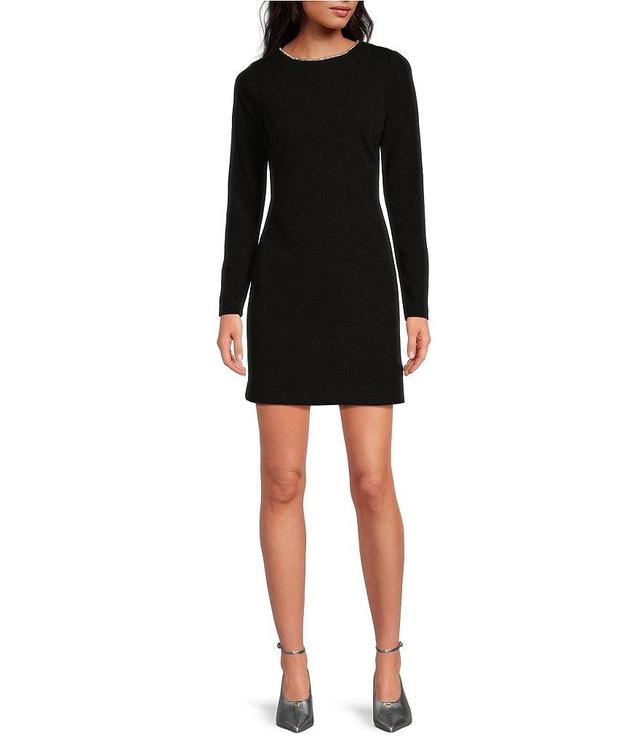 Trina Turk Valentine Crepe Knit Round Neck Long Sleeve Sheath Mini Dress Product Image