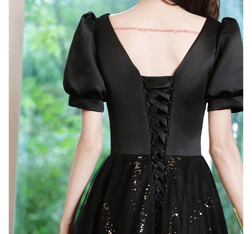 Short-Sleeve Sequin Mesh Panel A-Line Evening Gown Product Image