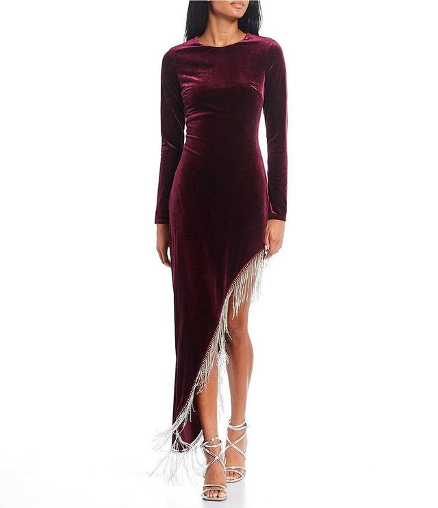 City Vibe Velvet Long Sleeve Asymmetrical Hem Fringe Trim Long Dress Product Image