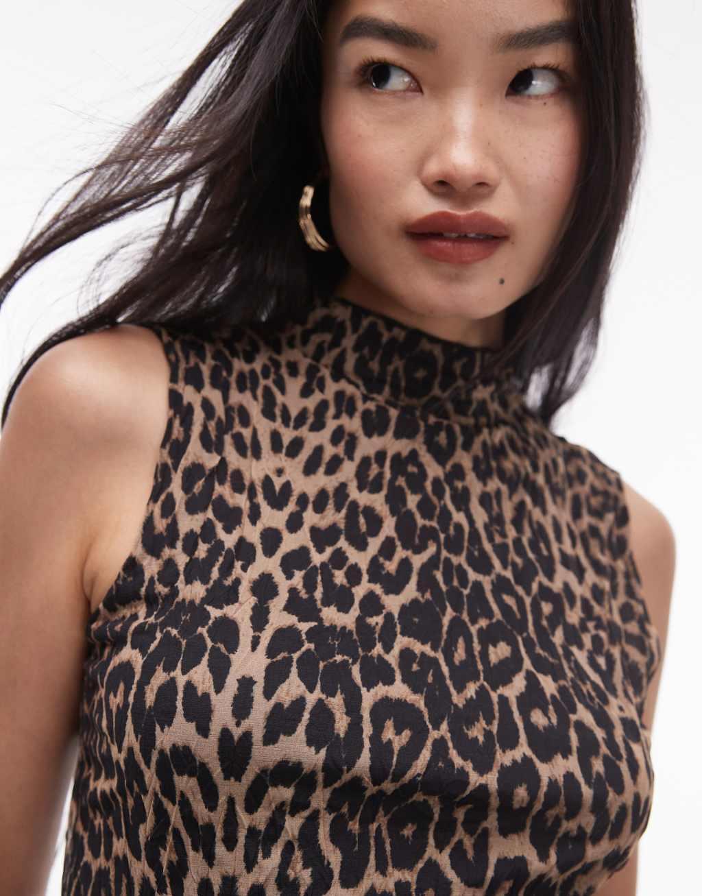 Topshop sleeveless crinkle plisse midi dress in leopard print Product Image