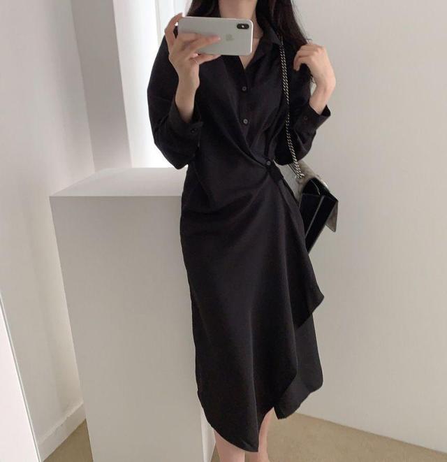 Long-Sleeve Asymmetrical Plain Wrap Midi Shirtdress Product Image