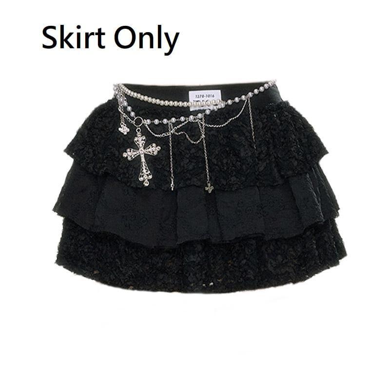 High Waist Plain Tiered Panel Lace Mini A-Line Skirt Product Image