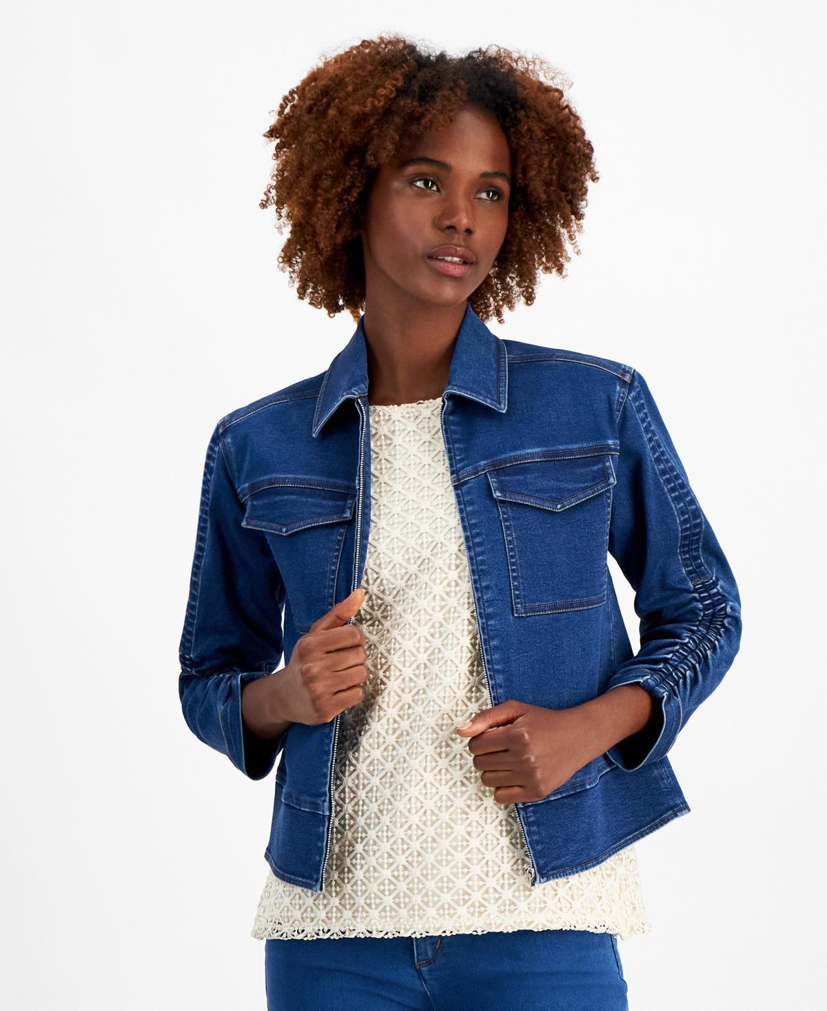 Jones New York Womens Shirred-Sleeve Denim Jacket product image