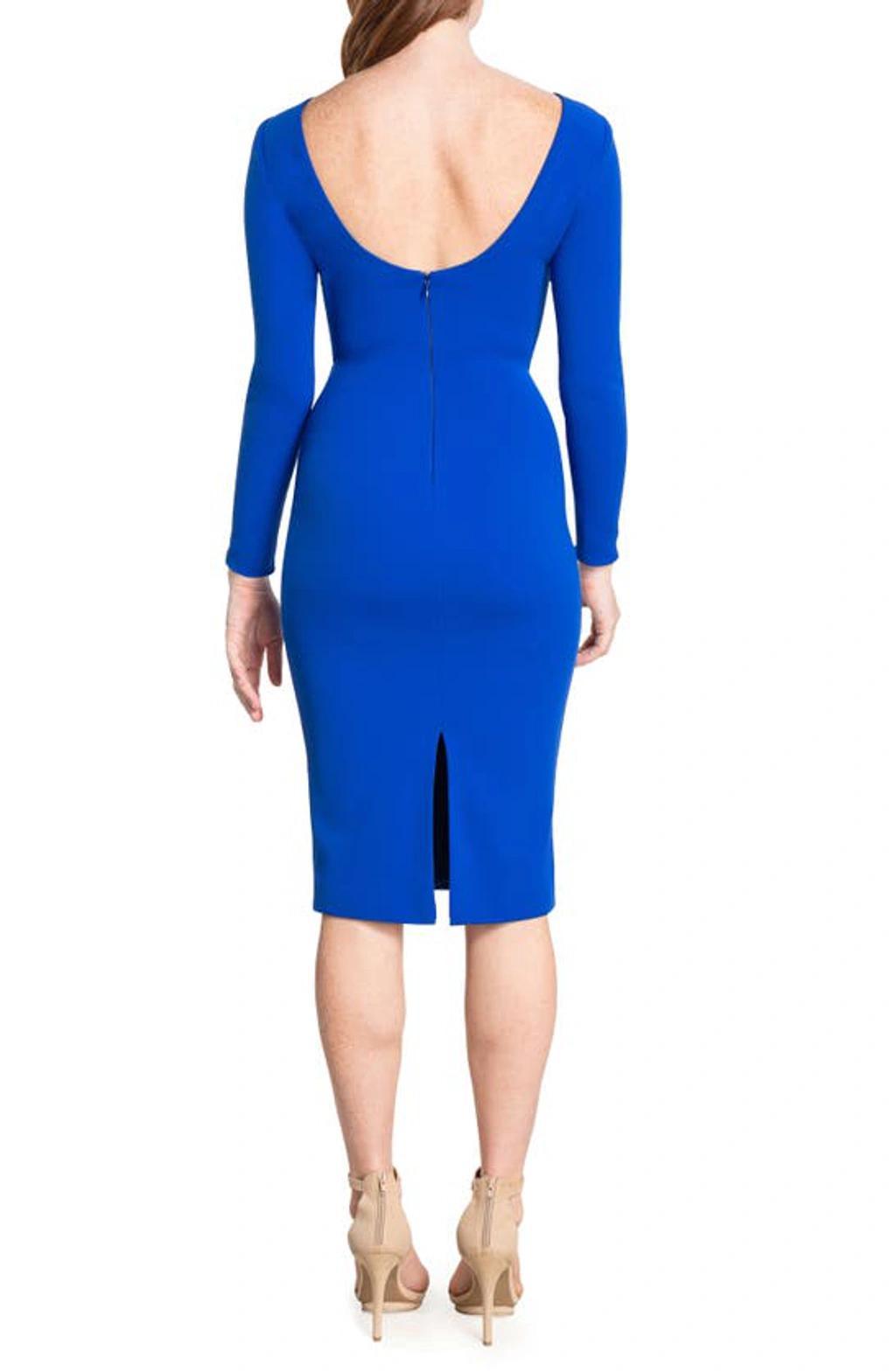 DRESS THE POPULATION Low Back Long Sleeve Body-con Midi Dress In Electric Blue Product Image