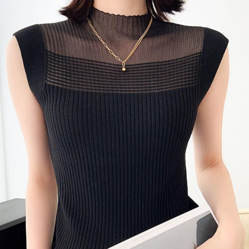 Cap-Sleeve Mock Neck Sheer Plain Knit Top Product Image