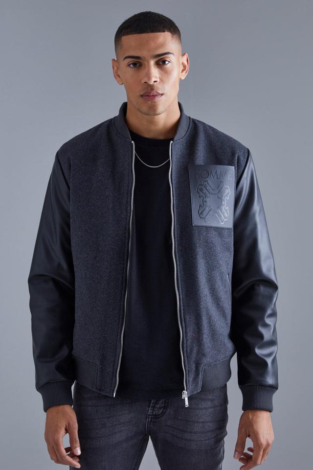 Mens Black Regular Fit Melton & Pu Patch Bomber, Black Product Image