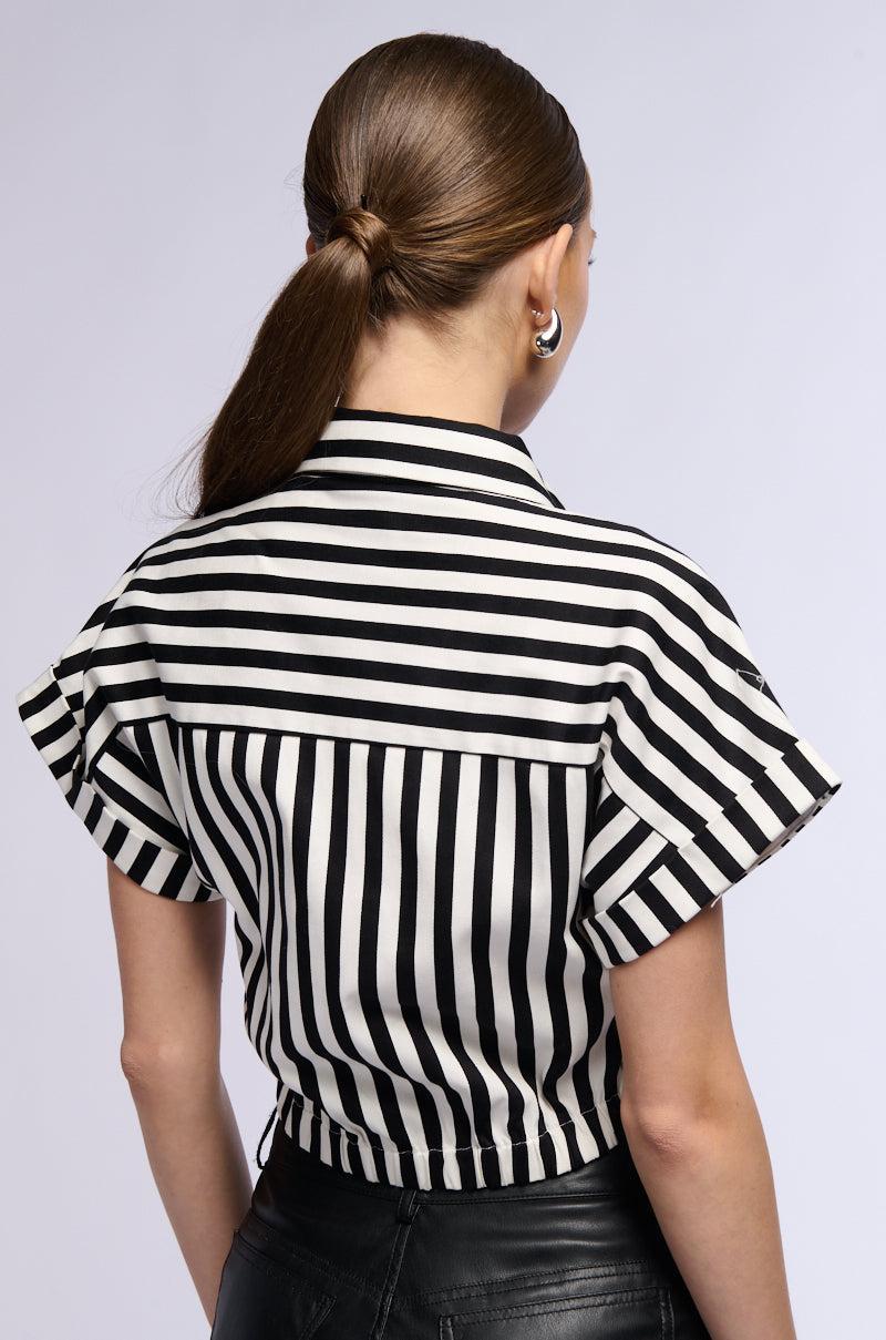 NOT IN THE MOOD STRIPED BUTTON DOWN CROP BLOUSE Product Image